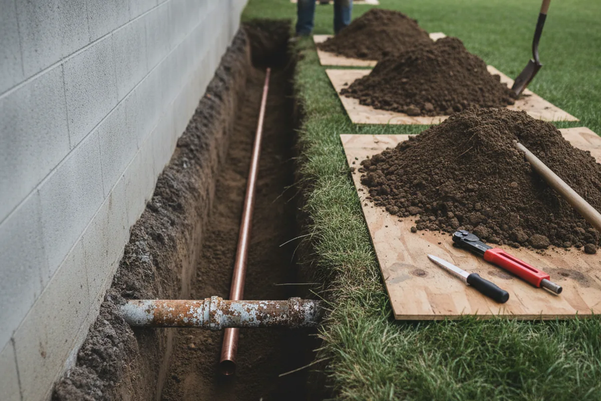 Excavated water line trench during Sewer Line Repair in Rotterdam Junction